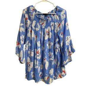 Zac & Rachel Blue Floral Peasant Blouse XL Smocked Neck Boho Top